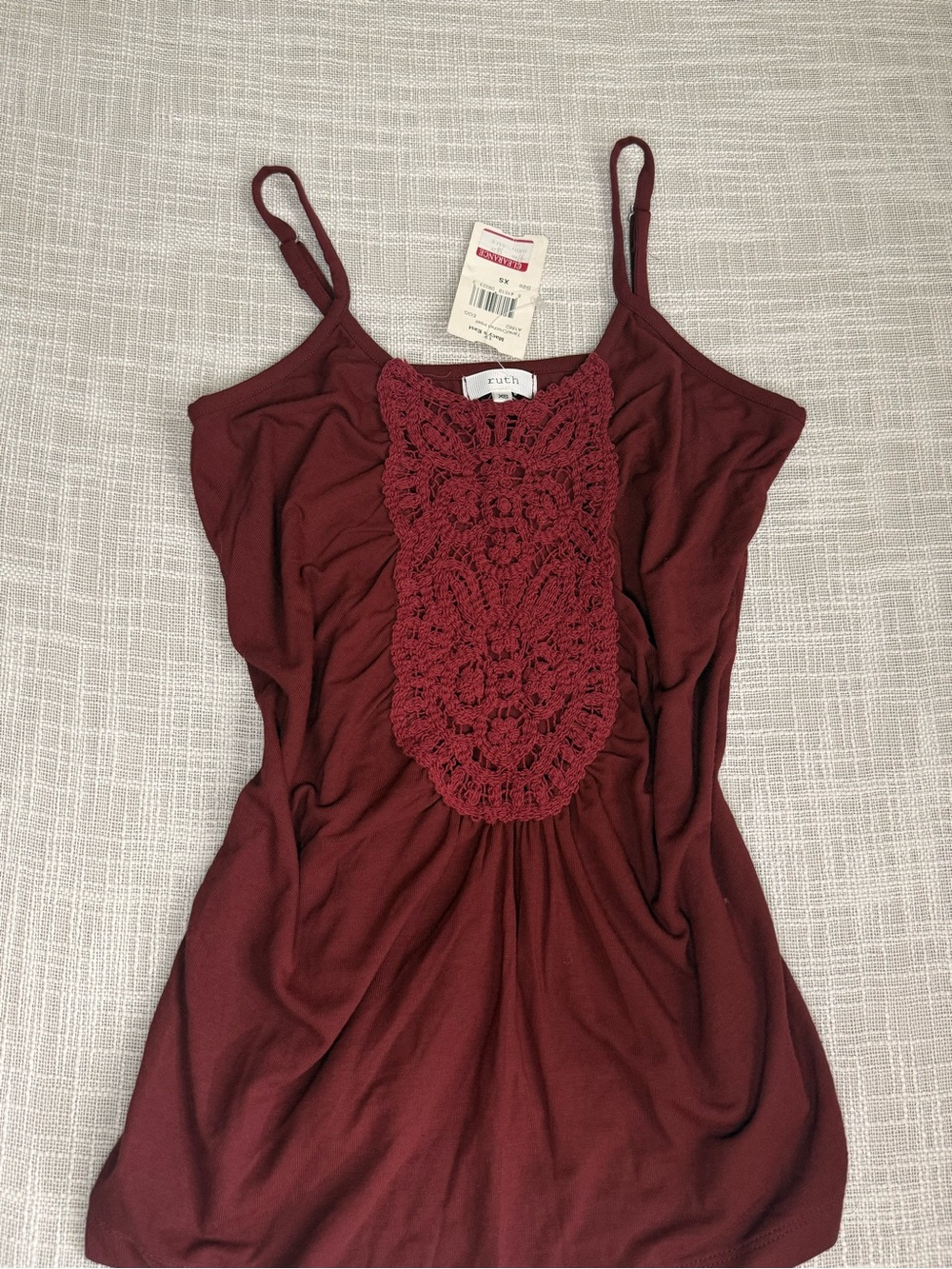 Ruth Burgundy Crochet Inset Cami Tank Top Size XS Y2K